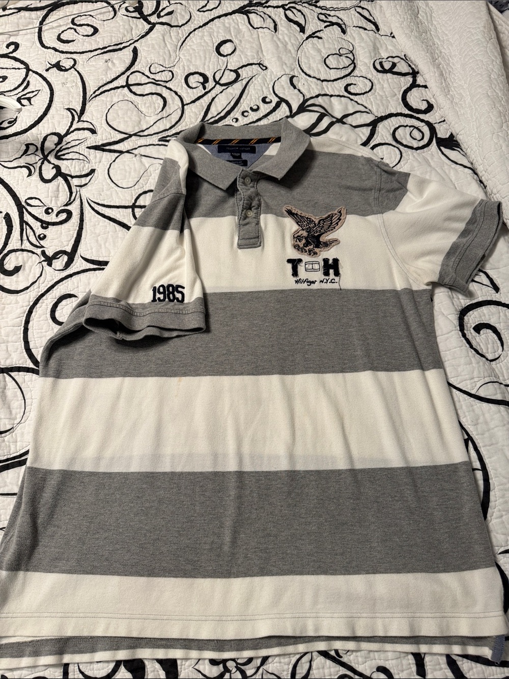 Tommy Hilfiger Gray and White Striped Polo Shirt